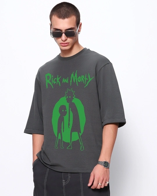 Men's Grey Rick and Morty Graphic Printed Oversized T-shirt