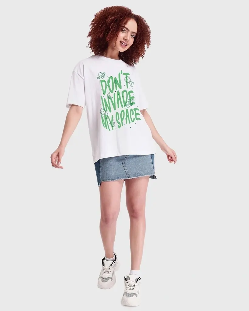 Women's White Don't Invade Graphic Printed Oversized T-shirt