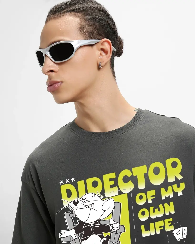 Men's Grey Director Jerry Graphic Printed Oversized T-shirt