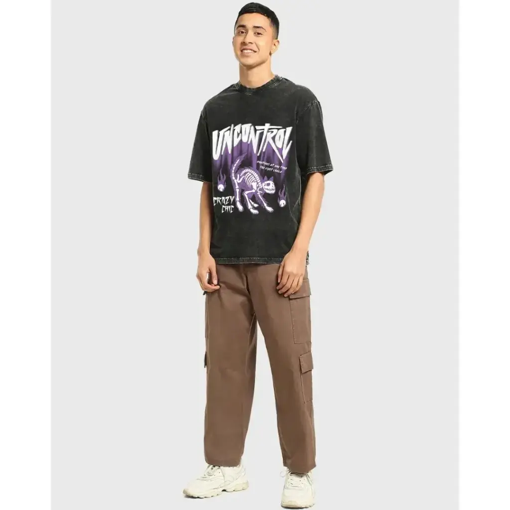 Men's Black Uncontrol Graphic Printed Oversized T-shirt