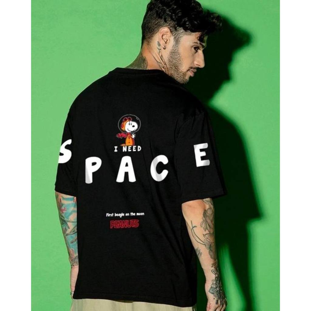 Men's Black Need Space Snoopy Graphic Printed Oversized T-shirt