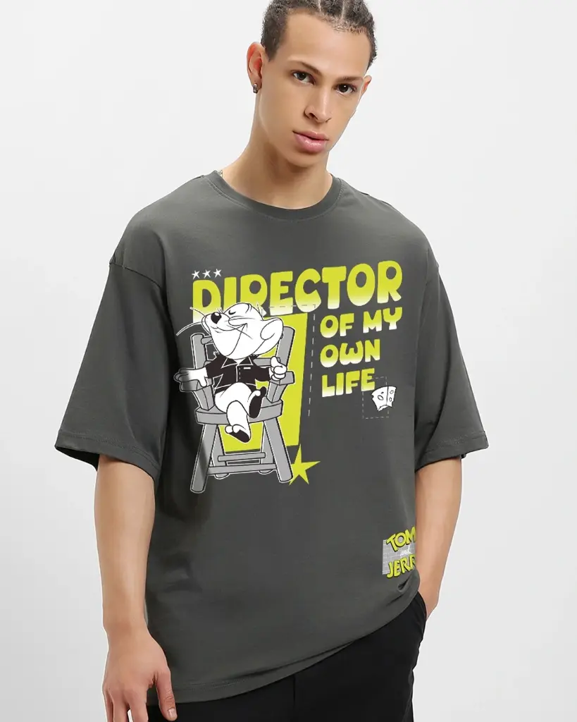 Men's Grey Director Jerry Graphic Printed Oversized T-shirt