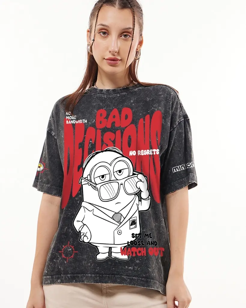 Women's Black Bad Decisions Graphic Printed Oversized Acid Wash T-shirt