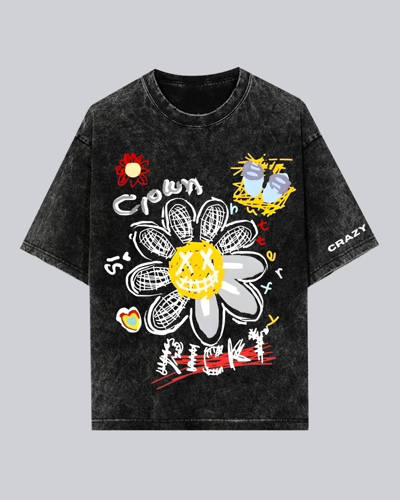 Men's Black Crown & Smiley Graphic Printed Oversized Acid Wash T-shirt