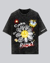 Men's Black Crown & Smiley Graphic Printed Oversized Acid Wash T-shirt