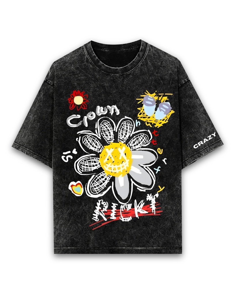 Women's Black Crown & Smiley Graphic Printed Oversized Acid Wash T-shirt