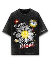 Women's Black Crown & Smiley Graphic Printed Oversized Acid Wash T-shirt